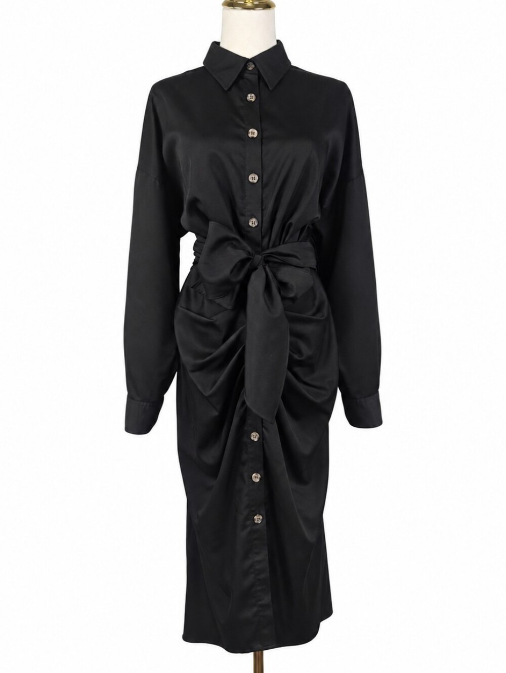 Antonio Melani Roxanne Black Ruched Tie Waist Midi Shirt Dress Quiet Luxury 14